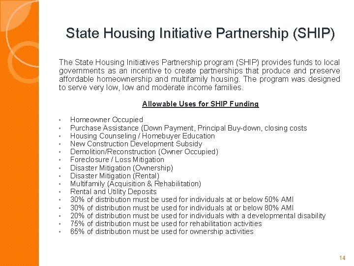 State Housing Initiative Partnership (SHIP) The State Housing Initiatives Partnership program (SHIP) provides funds