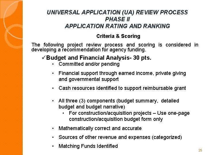 UNIVERSAL APPLICATION (UA) REVIEW PROCESS PHASE II APPLICATION RATING AND RANKING Criteria & Scoring