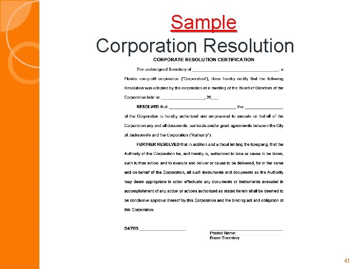 Sample Corporation Resolution 41 