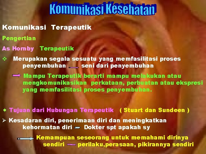 Komunikasi Terapeutik Pengertian As Hornby Terapeutik v Merupakan segala sesuatu yang memfasilitasi proses penyembuhan