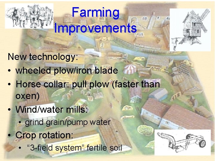 Farming Improvements New technology: • wheeled plow/iron blade • Horse collar: pull plow (faster Farming Improvements New technology: • wheeled plow/iron blade • Horse collar: pull plow (faster
