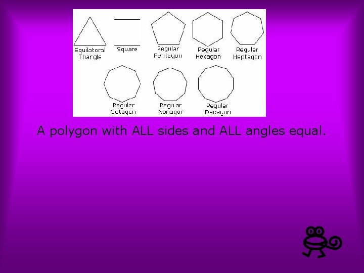 A polygon with ALL sides and ALL angles equal. 