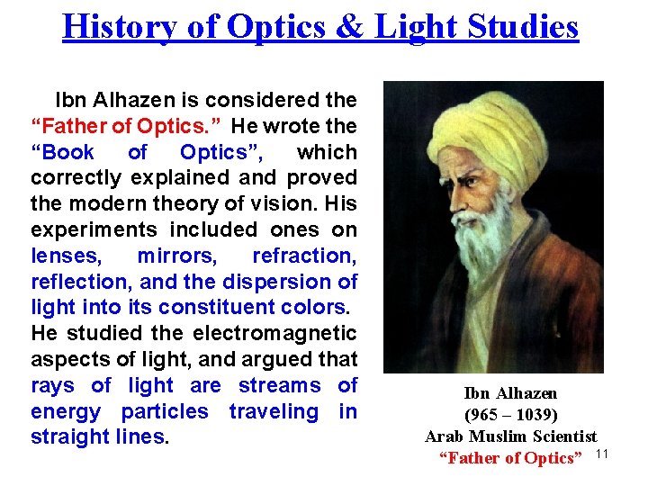 History of Optics & Light Studies Ibn Alhazen is considered the “Father of Optics.