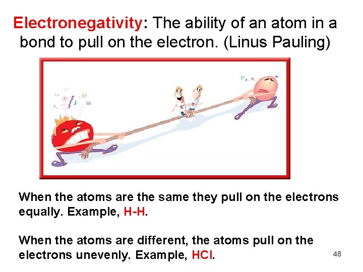 Electronegativity: The ability of an atom in a bond to pull on the electron.