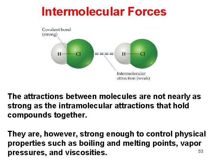 Intermolecular Forces The attractions between molecules are not nearly as strong as the intramolecular