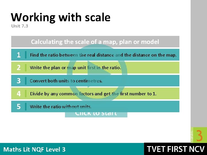 Working with scale Unit 7. 3 Calculating the scale of a map, plan or
