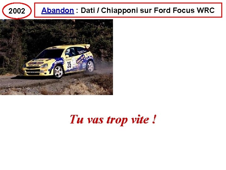2002 Abandon : Dati / Chiapponi sur Ford Focus WRC Tu vas trop vite