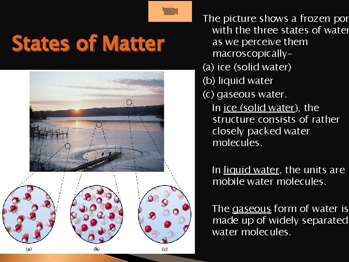States of Matter The picture shows a frozen pon with the three states of