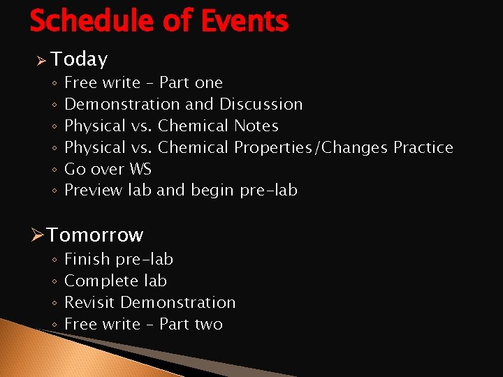 Schedule of Events Ø Today ◦ ◦ ◦ Free write – Part one Demonstration