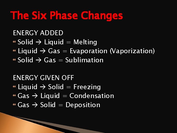 The Six Phase Changes ENERGY ADDED Solid Liquid = Melting Liquid Gas = Evaporation
