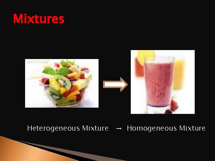 Mixtures Heterogeneous Mixture → Homogeneous Mixture 