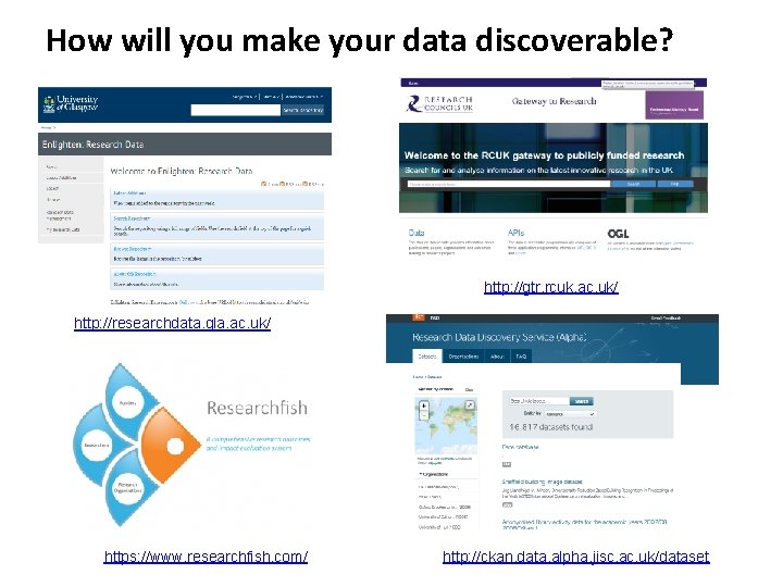 How will you make your data discoverable? http: //gtr. rcuk. ac. uk/ http: //researchdata.