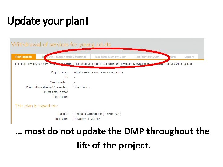 Update your plan! Phases … most do not update the DMP throughout the life