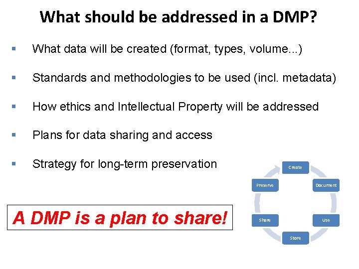 What should be addressed in a DMP? § What data will be created (format,