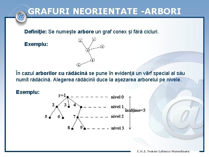GRAFURI NEORIENTATE -ARBORI Definiţie: Se numeşte arbore un graf conex şi fără cicluri. Exemplu: