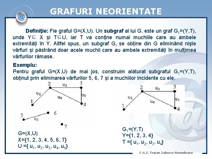 GRAFURI NEORIENTATE Definiţie: Fie graful G=(X, U). Un subgraf al lui G, este un