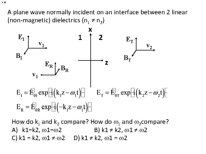 9. 38 A plane wave normally incident on an interface between 2 linear (non-magnetic)