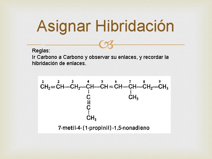 Asignar Hibridación Reglas: Ir Carbono a Carbono y observar su enlaces, y recordar la