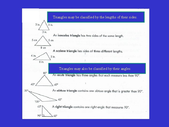 Triangles may be classified by the lengths of their sides. Triangles may also be