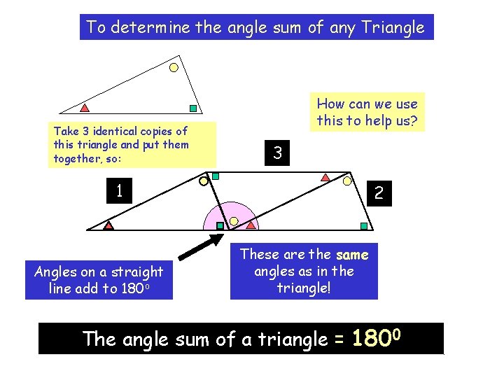 To determine the angle sum of any Triangle Take 3 identical copies of this