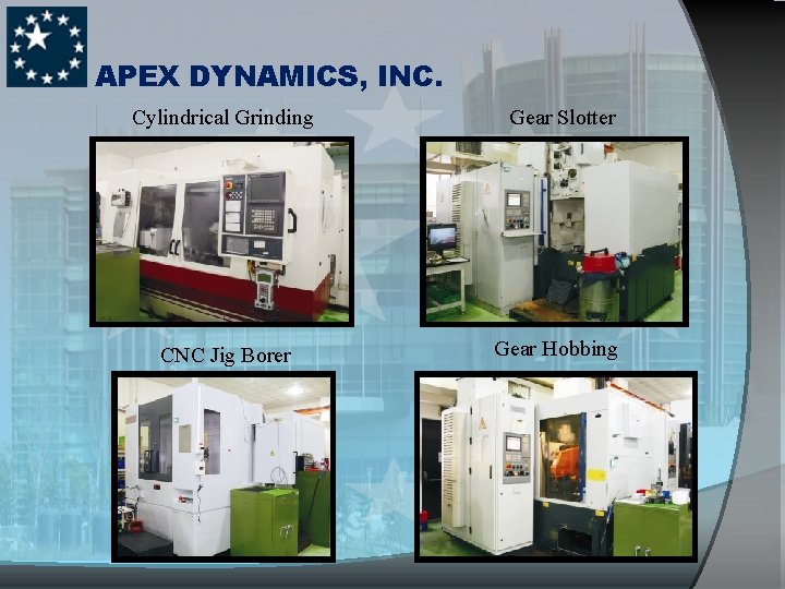 APEX DYNAMICS, INC. Cylindrical Grinding Gear Slotter CNC Jig Borer Gear Hobbing 