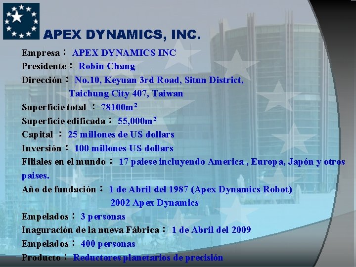 APEX DYNAMICS, INC. Empresa： APEX DYNAMICS INC Presidente： Robin Chang Dirección： No. 10, Keyuan