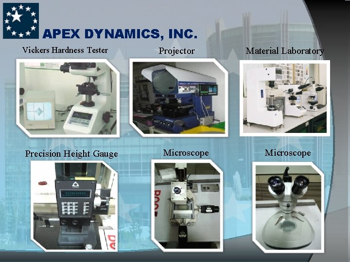 APEX DYNAMICS, INC. Vickers Hardness Tester Precision Height Gauge Projector Microscope Material Laboratory Microscope