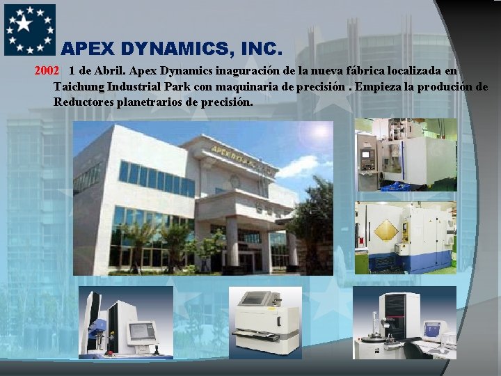 APEX DYNAMICS, INC. 2002 1 de Abril. Apex Dynamics inaguración de la nueva fábrica