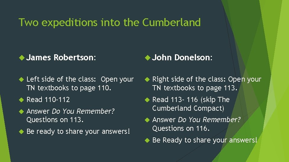 Two expeditions into the Cumberland James Robertson: John Donelson: Left side of the class: