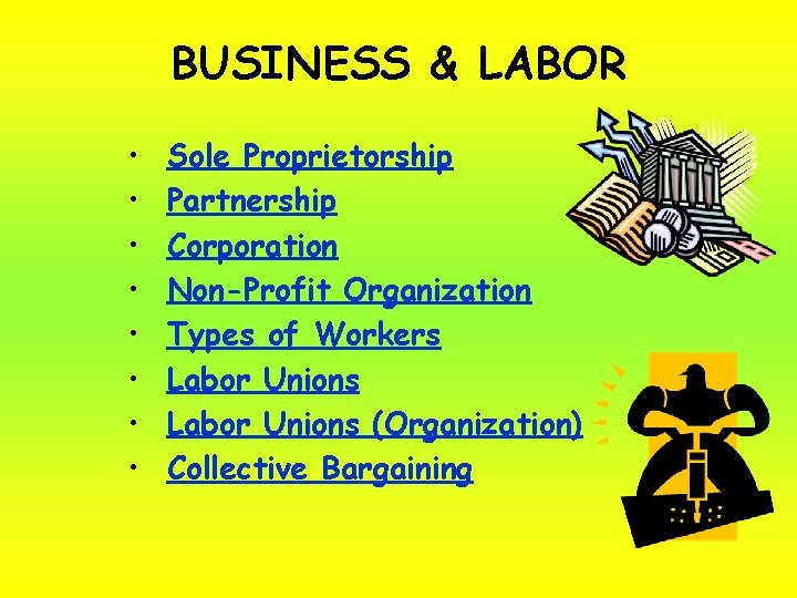 BUSINESS & LABOR • • Sole Proprietorship Partnership Corporation Non-Profit Organization Types of Workers