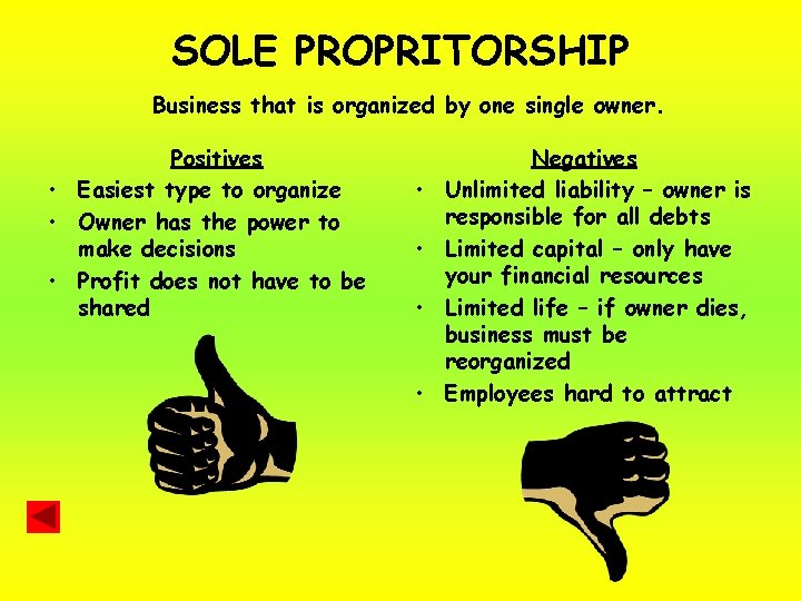 SOLE PROPRITORSHIP Business that is organized by one single owner. Positives • Easiest type