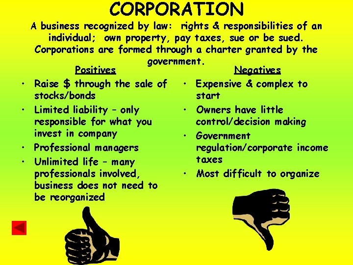 CORPORATION A business recognized by law: rights & responsibilities of an • • individual;