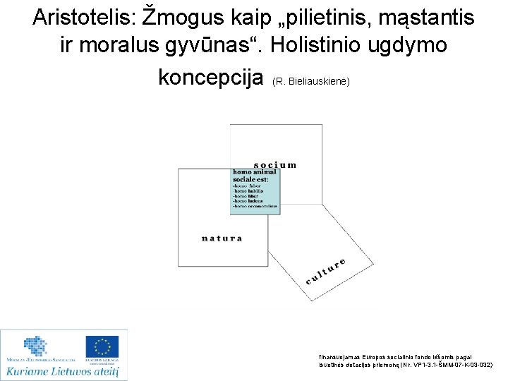 Aristotelis: Žmogus kaip „pilietinis, mąstantis ir moralus gyvūnas“. Holistinio ugdymo koncepcija (R. Bieliauskienė) finansuojamas