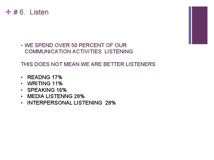 + # 6. Listen • WE SPEND OVER 50 PERCENT OF OUR COMMUNICATION ACTIVITIES