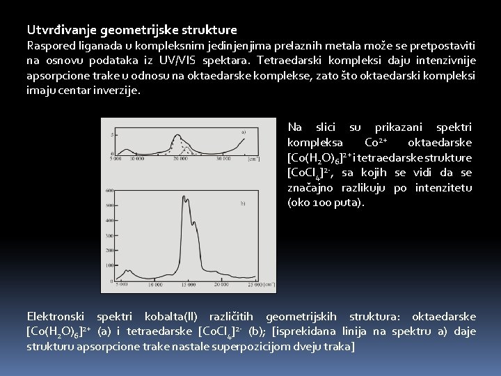 Utvrđivanje geometrijske strukture Raspored liganada u kompleksnim jedinjenjima prelaznih metala može se pretpostaviti na