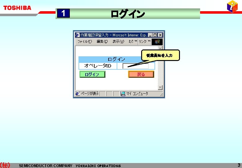 (秘) 1 ログイン 従業員Noを入力 SEMICONDUCTOR COMPANY YOKKAICHI OPERATIONS 3 