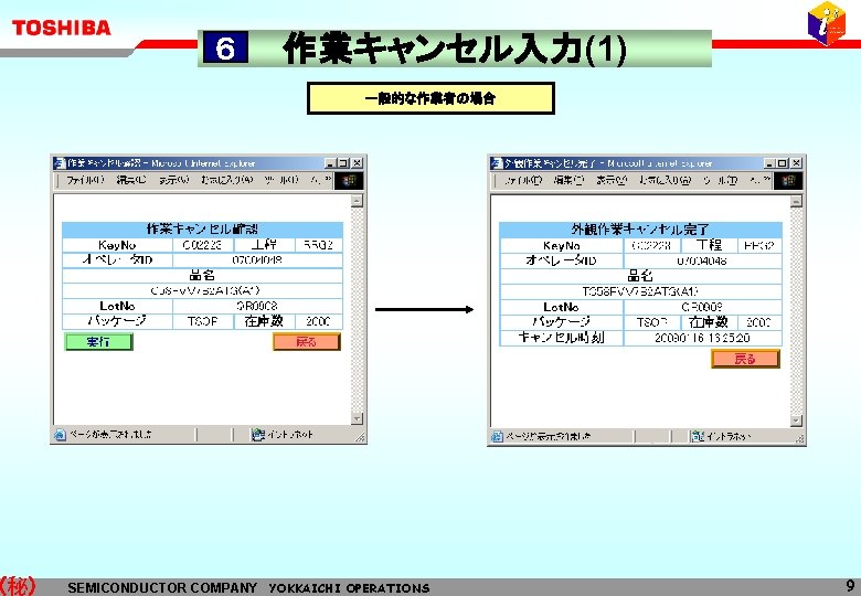 (秘) ６ 作業キャンセル入力(1) 一般的な作業者の場合 SEMICONDUCTOR COMPANY YOKKAICHI OPERATIONS 9 