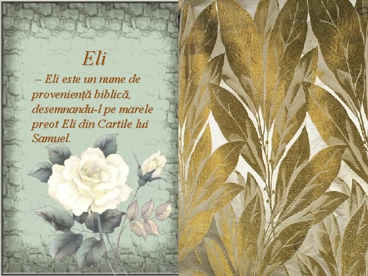 Eli – Eli este un nume de proveniență biblică, desemnandu-l pe marele preot Eli