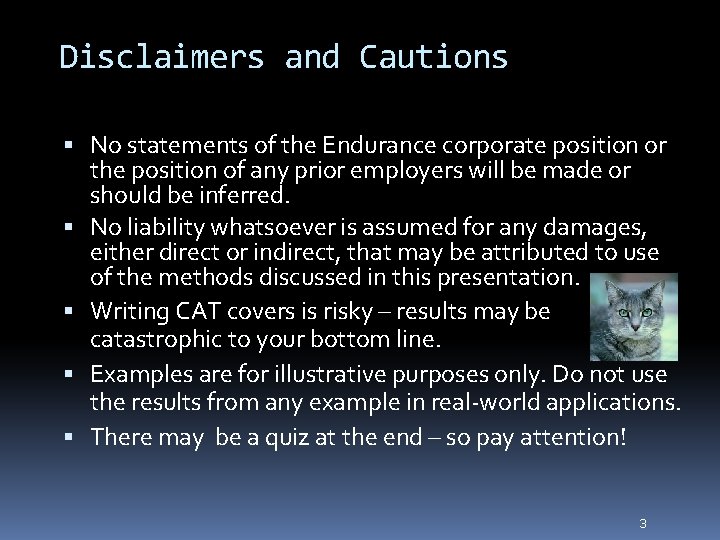 3 Disclaimers and Cautions No statements of the Endurance corporate position or the position