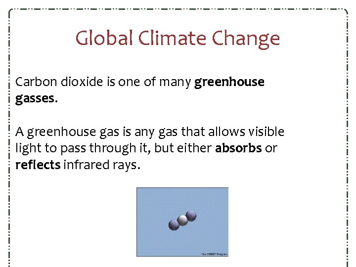 Global Climate Change Carbon dioxide is one of many greenhouse gasses. A greenhouse gas Global Climate Change Carbon dioxide is one of many greenhouse gasses. A greenhouse gas