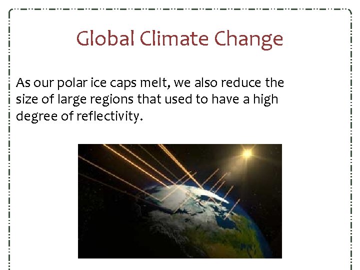 Global Climate Change As our polar ice caps melt, we also reduce the size Global Climate Change As our polar ice caps melt, we also reduce the size