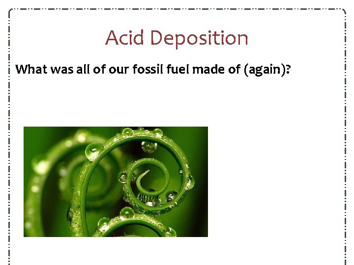 Acid Deposition What was all of our fossil fuel made of (again)? Acid Deposition What was all of our fossil fuel made of (again)?