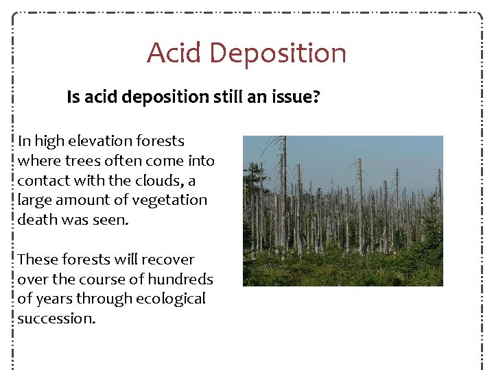Acid Deposition Is acid deposition still an issue? In high elevation forests where trees Acid Deposition Is acid deposition still an issue? In high elevation forests where trees