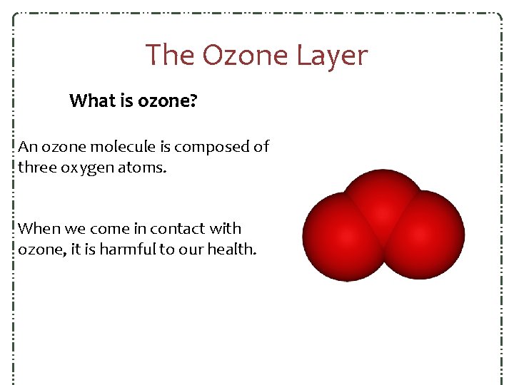 The Ozone Layer What is ozone? An ozone molecule is composed of three oxygen The Ozone Layer What is ozone? An ozone molecule is composed of three oxygen