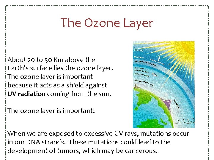 The Ozone Layer About 20 to 50 Km above the Earth’s surface lies the The Ozone Layer About 20 to 50 Km above the Earth’s surface lies the