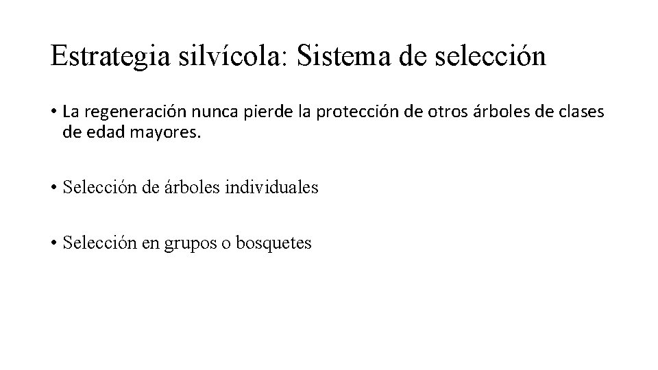 Estrategia silvícola: Sistema de selección • La regeneración nunca pierde la protección de otros