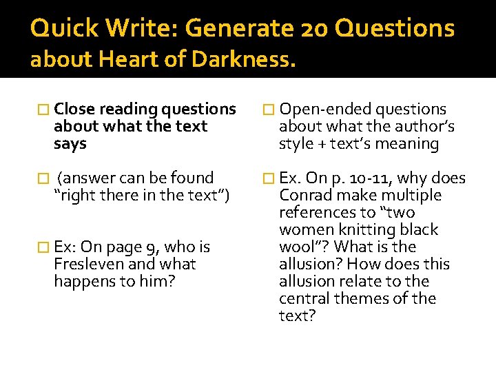 Quick Write: Generate 20 Questions about Heart of Darkness. � Close reading questions about