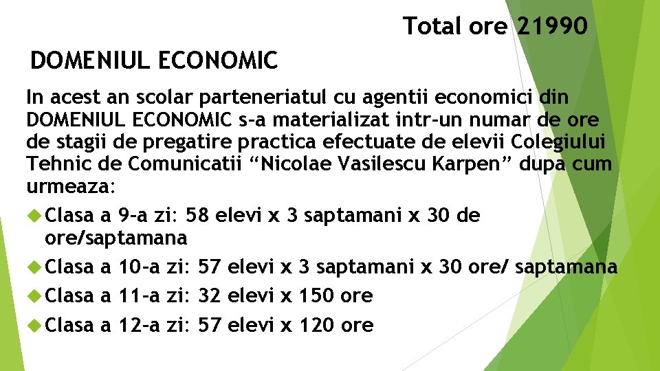 Total ore 21990 DOMENIUL ECONOMIC In acest an scolar parteneriatul cu agentii economici din