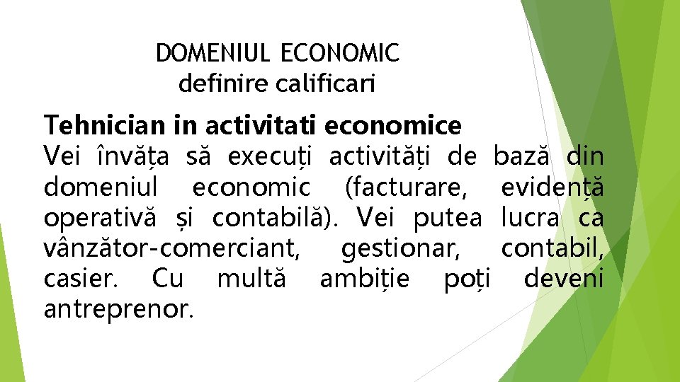 DOMENIUL ECONOMIC definire calificari Tehnician in activitati economice Vei învăța să execuți activități de