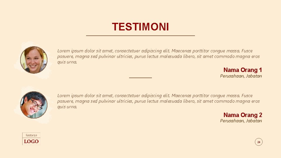 TESTIMONI Lorem ipsum dolor sit amet, consectetuer adipiscing elit. Maecenas porttitor congue massa. Fusce